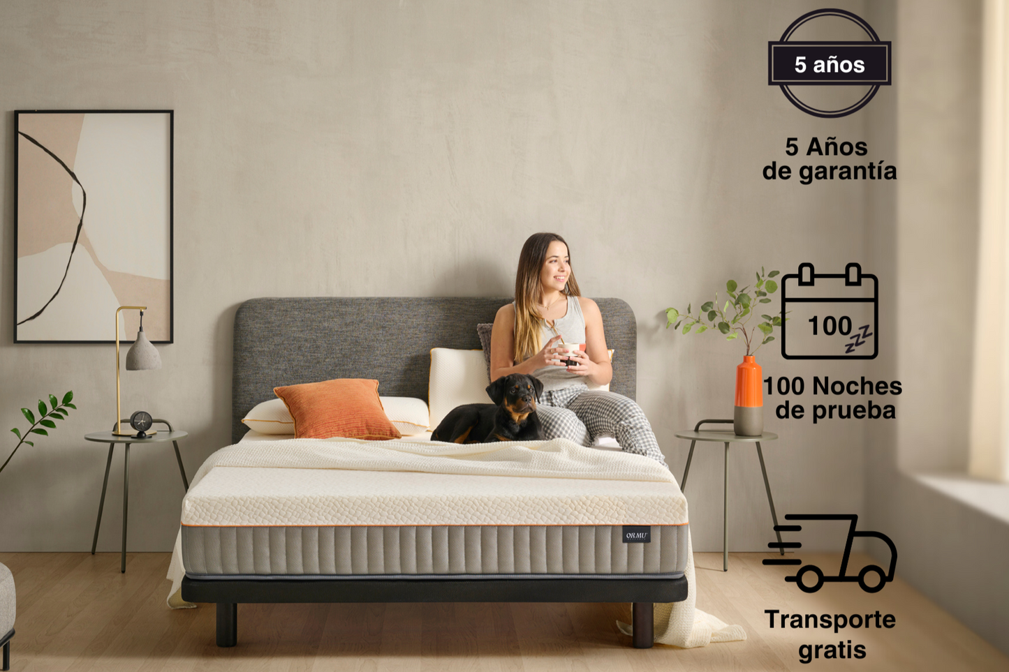Colchón viscoelástico Ormu Premium con 100 noches de prueba, 5 años de garantía y envío gratuito, ideal para parejas que buscan descanso seguro y cómodo.