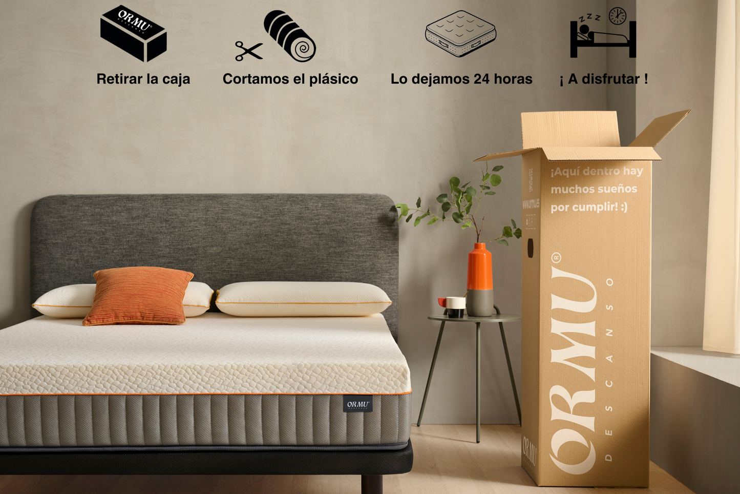 Colchón viscoelástico Ormu Premium con entrega en caja y montaje fácil en 4 pasos, envasado al vacío para máxima comodidad y rapidez de uso.